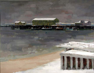 Bruce McKain, Provincetown Winter Waterfront, oil on canvas, 28" x 36"